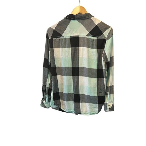 Mint Plaid Casual Cotton Button Up Long Sleeve Top S - Picture 4 of 9